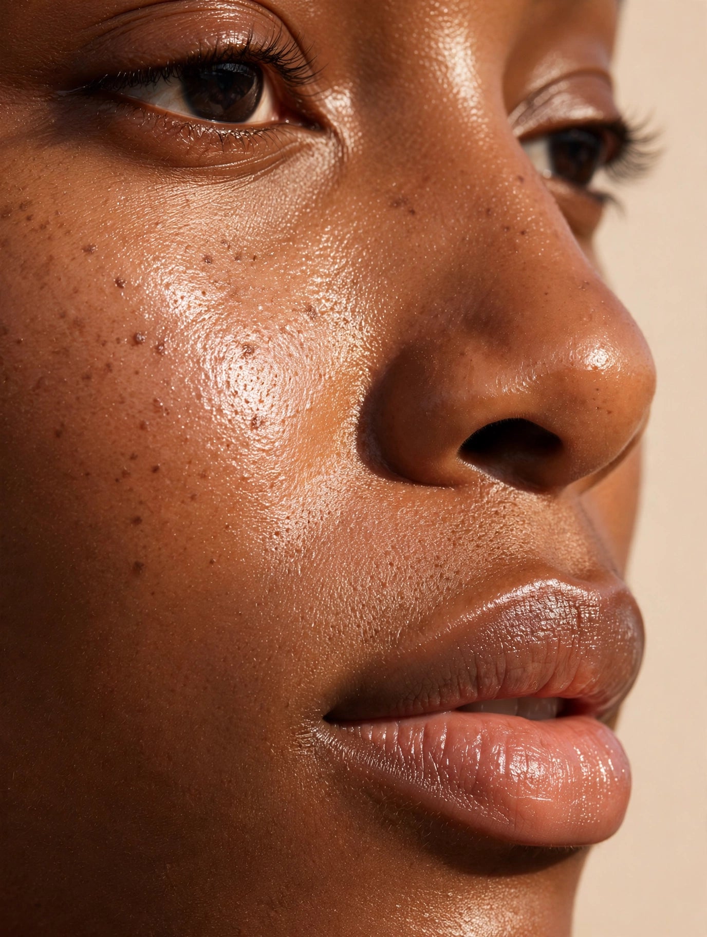 Woman with rich brown skin and a bright, even glow